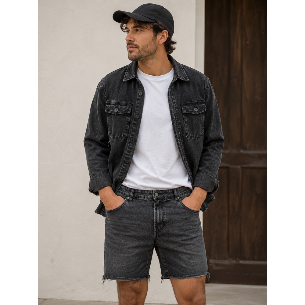 Cultura Mens Black Denim Shorts Modern Fit Frayed Hem Stretch Size 38